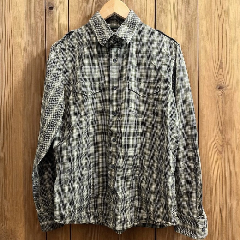 Banana Republic Button Down Shirt Mens M Green Plaid Slim Fit Stretch Epaulets